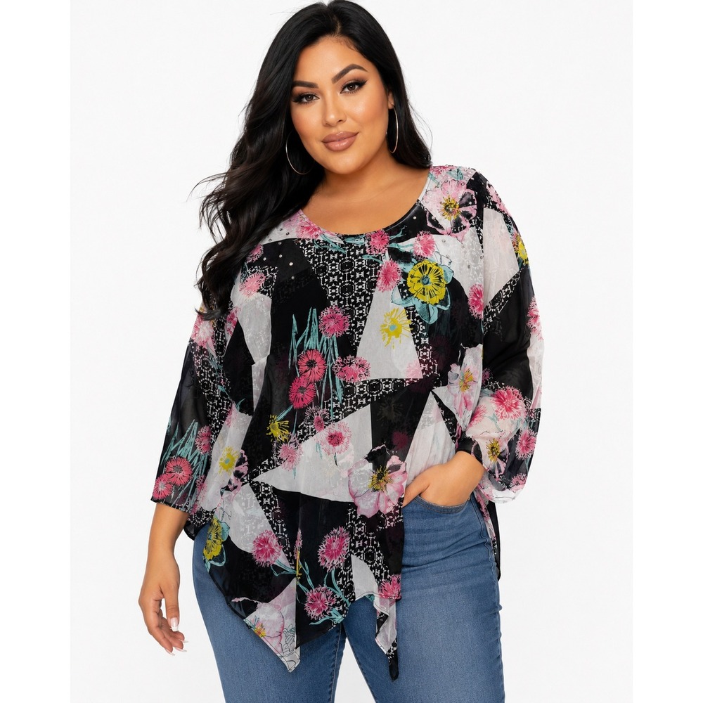 Style&co Woman 2X Floral Boutique‎ Rhinestone Handkerchief Hem Top NWT
